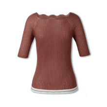 Seamless wholegarment sweater ribbed wavy neckline pullover for women short sleeve